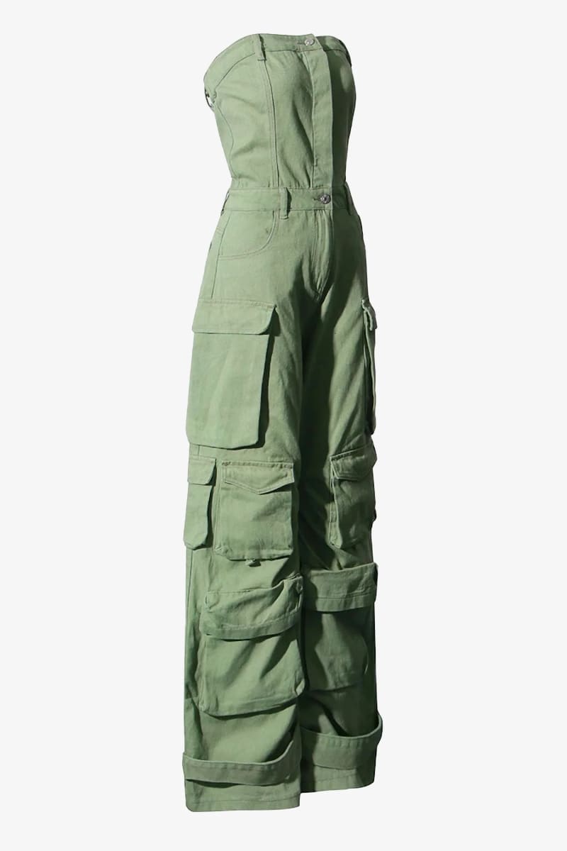 Green Denim Cargo Jumpsuit Jumpsuits & Rompers