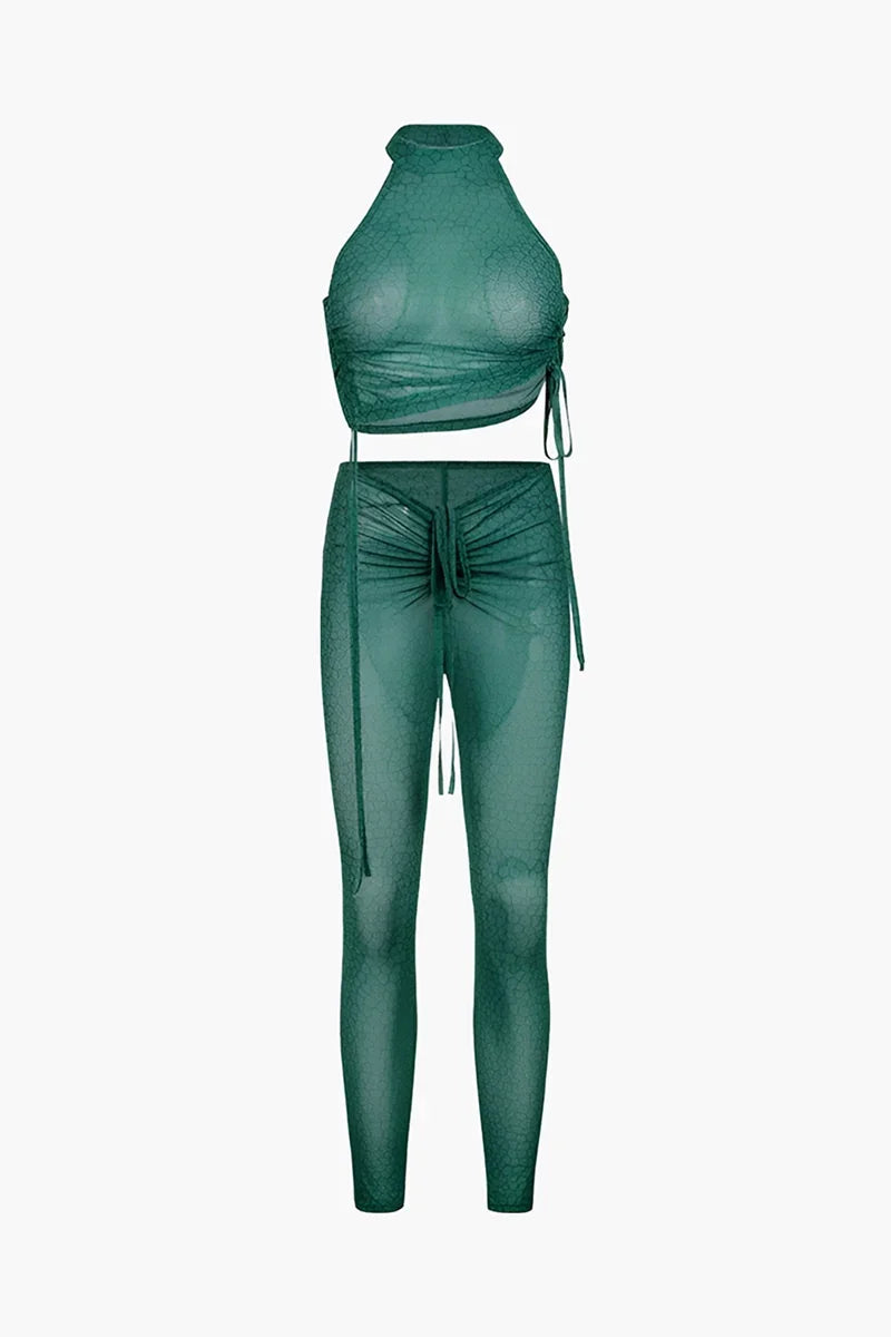 Green Halter Crop Top And Ruched Pants Matching Set Outfit Sets