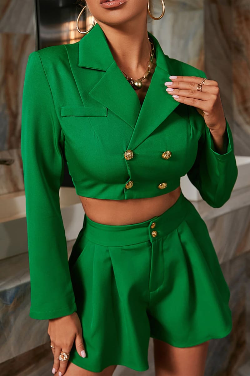 Green High Waisted Flared Shorts & Cropped Blazer Set Green / S Outfit Sets