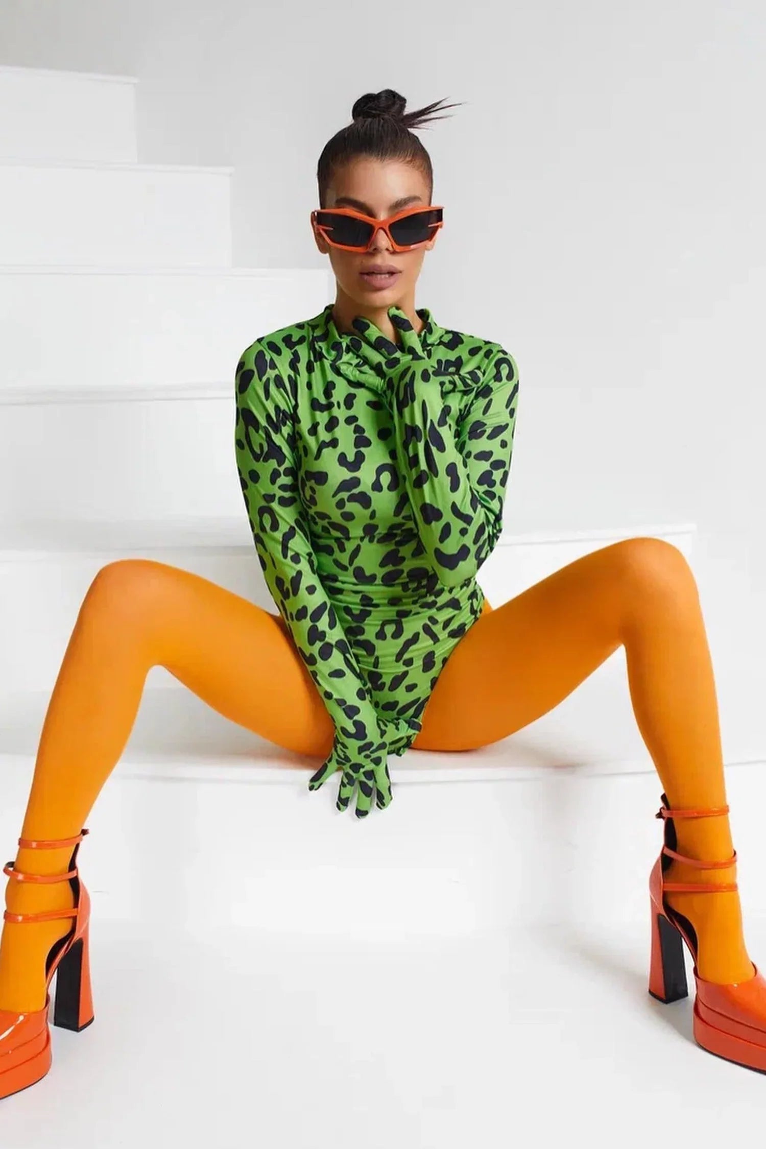 Green Leopard Print Bodysuit With Gloves
