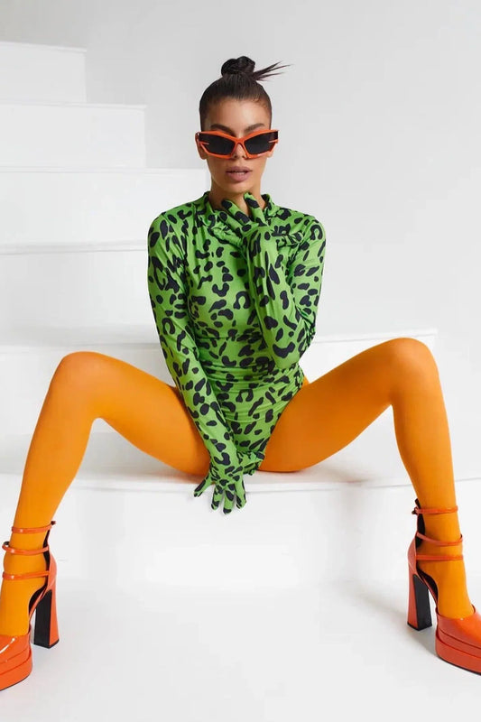 Green Leopard Print Bodysuit With Gloves