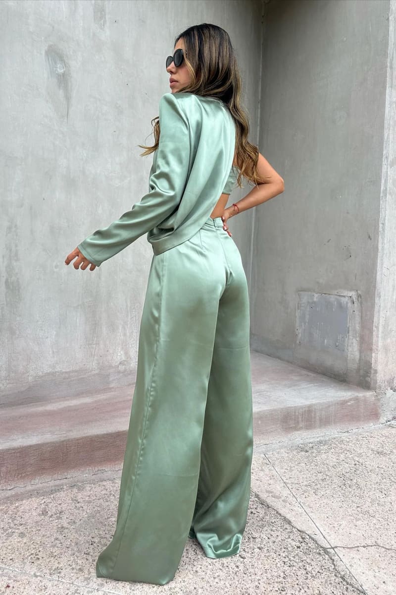 Green Satin One Shoulder Top Pants Set IRHAZ Green Satin One Shoulder Top Pants Set IRHAZ