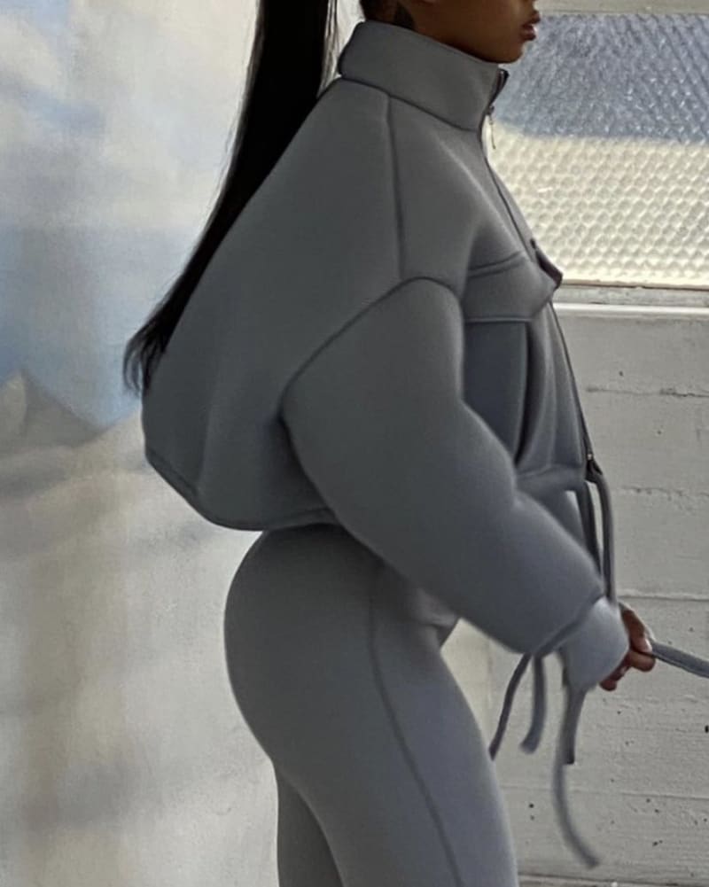 Gray Cropped Puffer Drawstring Jacket