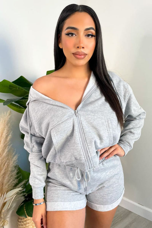 Grey Cropped Zipper Up Hoodie And Lounge Shorts Set Outfit Sets