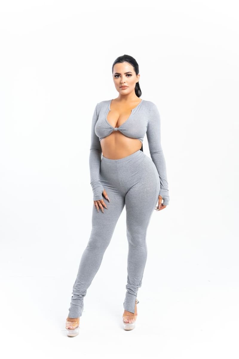 Grey Front Tie Crop Top And High Waist Pant Set Set