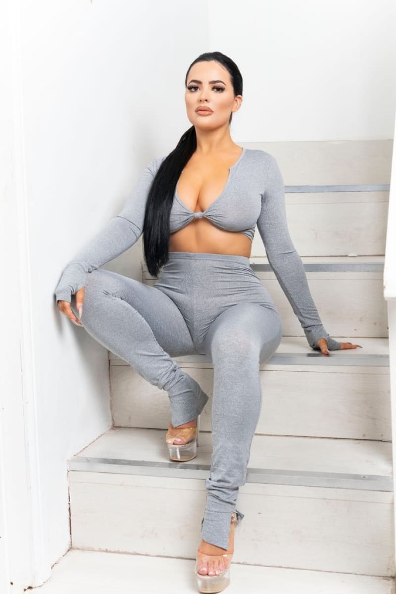 Grey Front Tie Crop Top And High Waist Pant Set Set