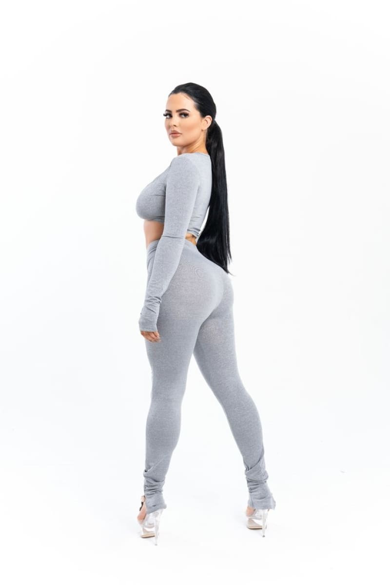Grey Front Tie Crop Top And High Waist Pant Set Set