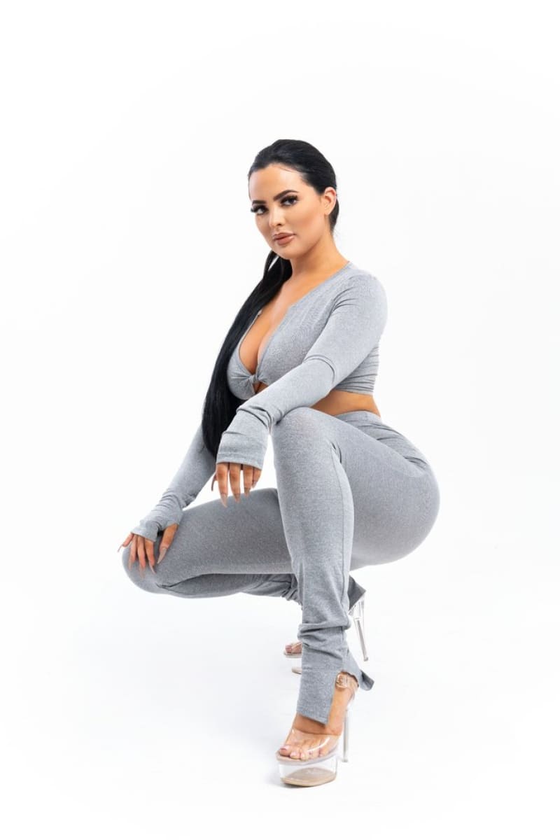 Grey Front Tie Crop Top And High Waist Pant Set Set