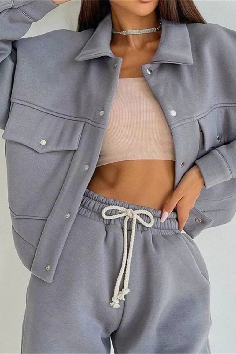Grey Joggers Pants And Jacket Loungewear Two Piece Tracksuit Set
