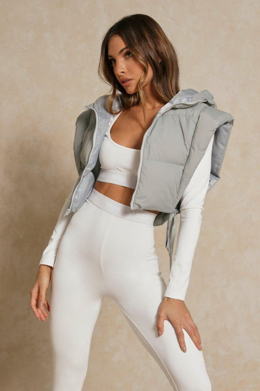 Grey Tie Side Hooded Cropped Puffer Vest Vests