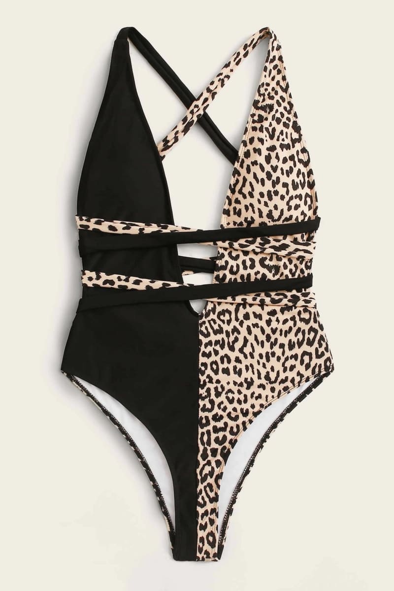 Half Black Half Leopard One Piece Swimsuit IRHAZ Half Black Half Leopard One Piece Swimsuit IRHAZ