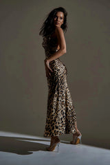 High Slit Cowl Neck Leopard Maxi Dress
