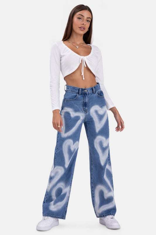 High Waisted Heart Print Blue Baggy Jean Pants