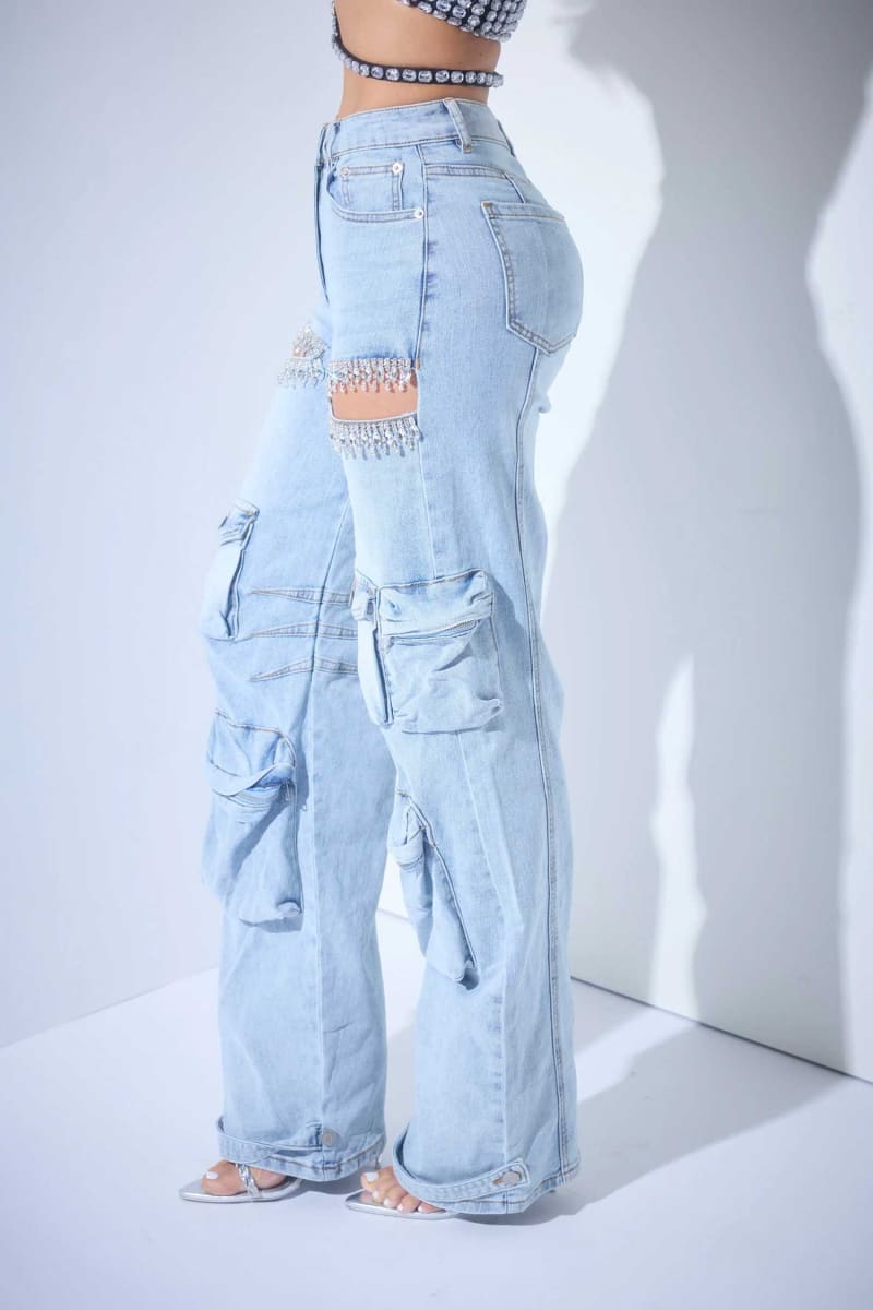 Light Blue Acid Wash Cutout Cargo Jeans pants