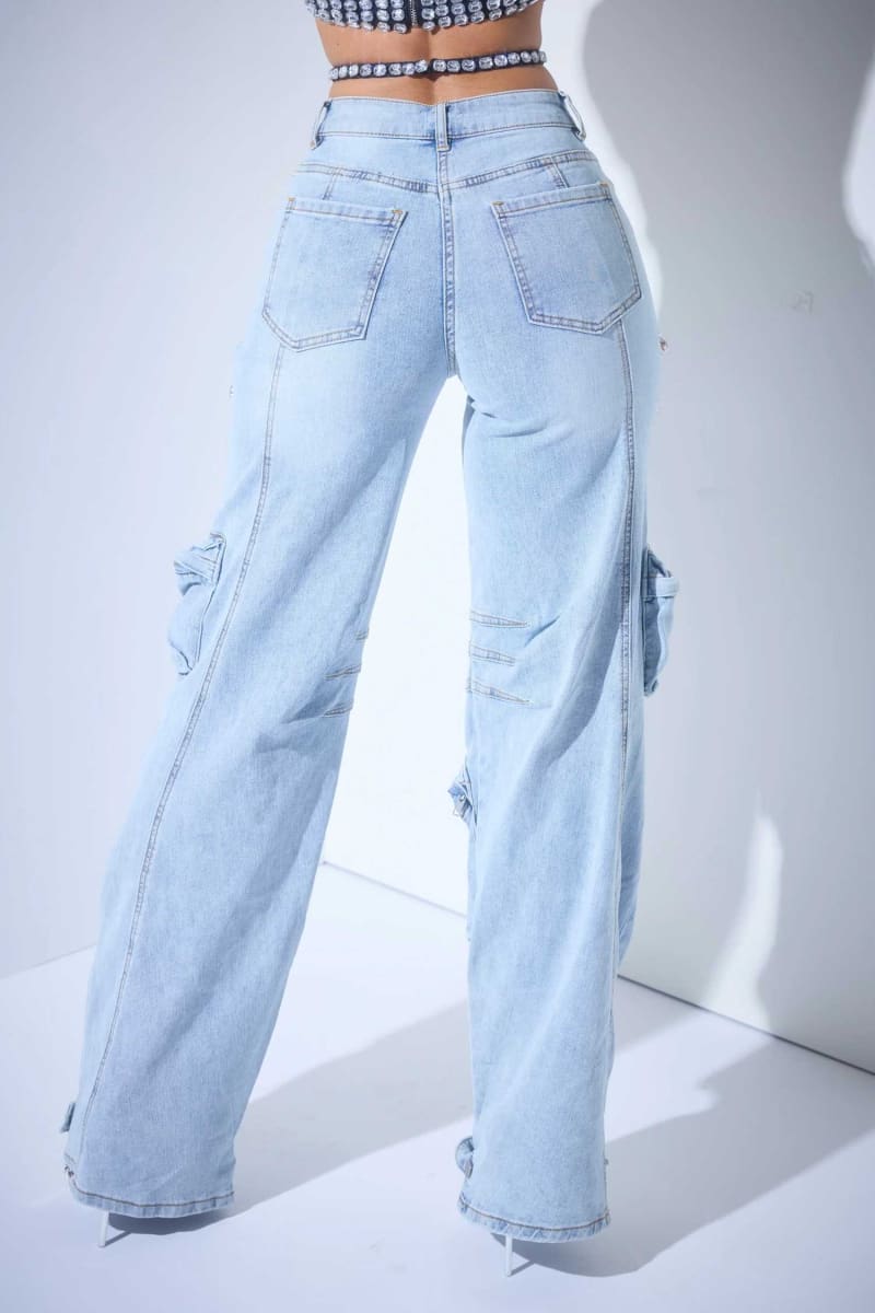 Light Blue Acid Wash Cutout Cargo Jeans pants