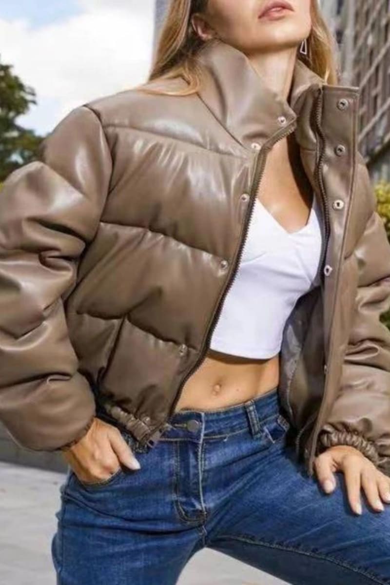 Light Brown Puffer Windbreaker Faux Leather Crop Jacket Coats & Jackets