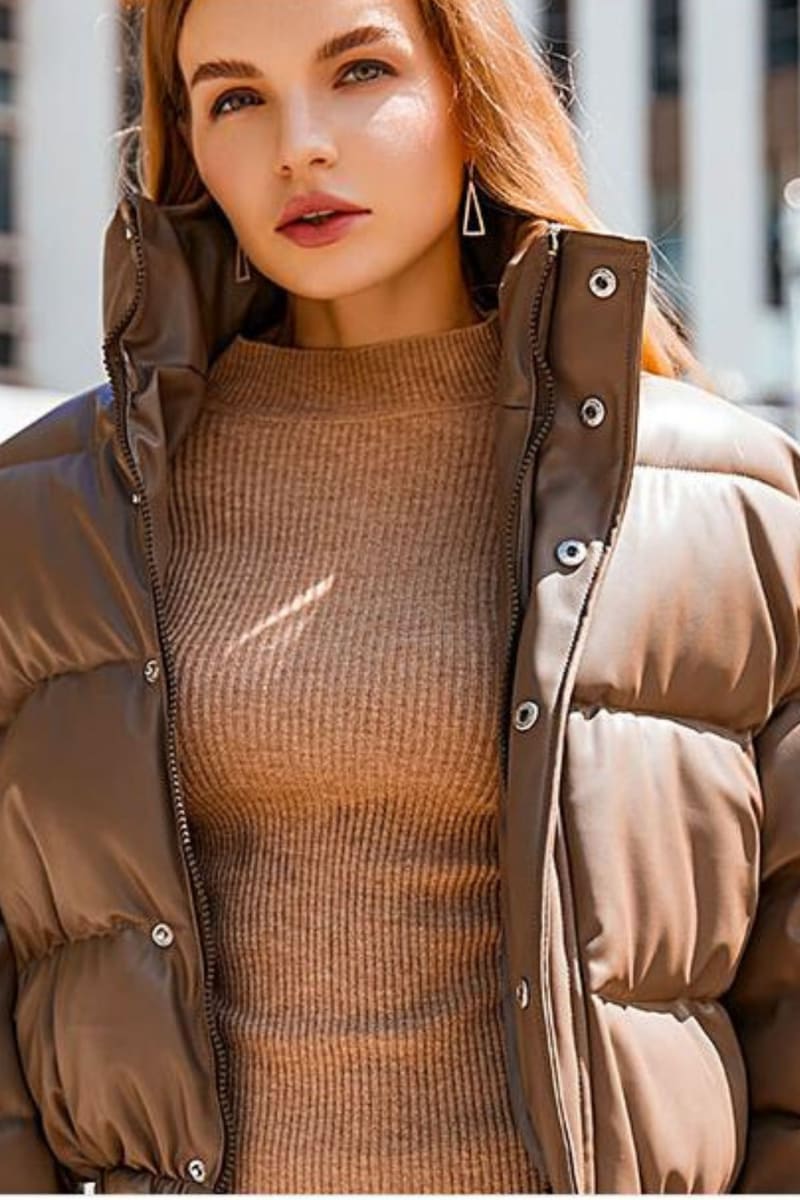 Light Brown Puffer Windbreaker Faux Leather Crop Jacket Coats & Jackets