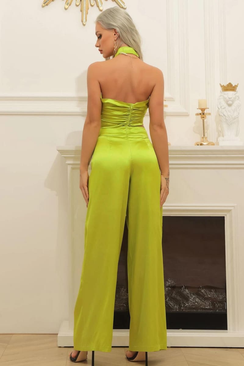 Lime Green Halter Wrap Top And Palazzo Satin Pants Set Outfit Sets