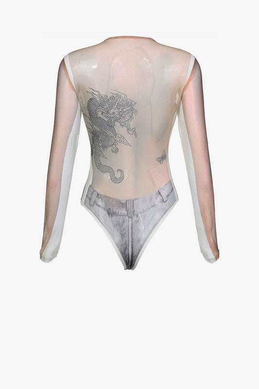 Long Sleeve Sheer Dragon Print Bodysuit Bodysuit