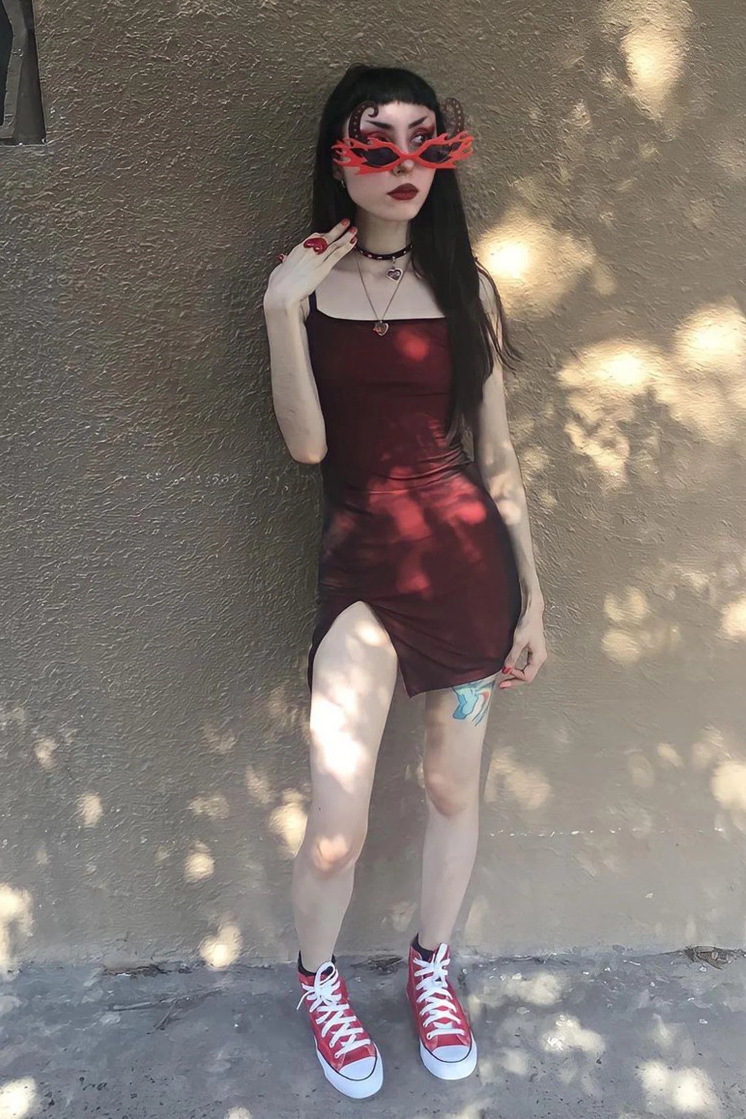 Red Mesh Overlay Spaghetti Straps Slit Mini Dress – IRHAZ Red Mesh Overlay Spaghetti Straps Slit Mini Dress – IRHAZ