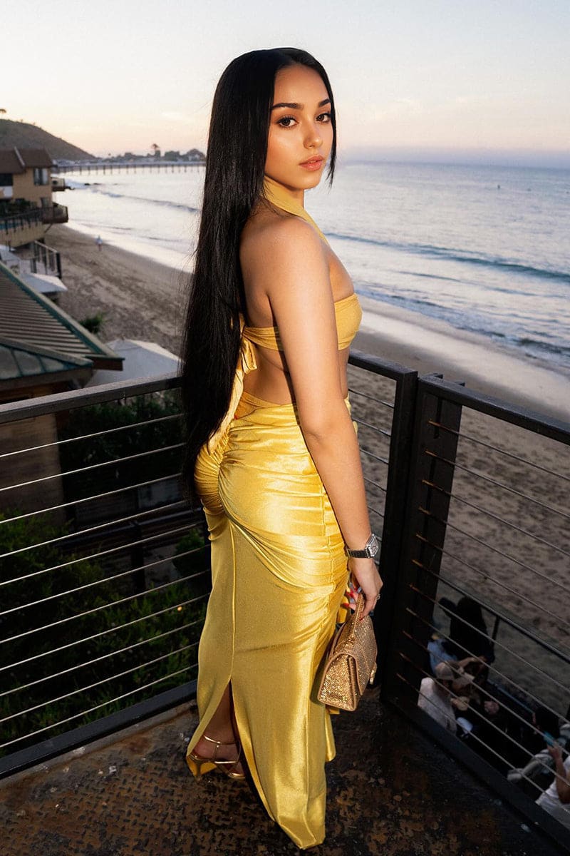 Metallic Gold Cutout Halter Maxi Dress IRHAZ Metallic Gold Cutout Halter Maxi Dress IRHAZ