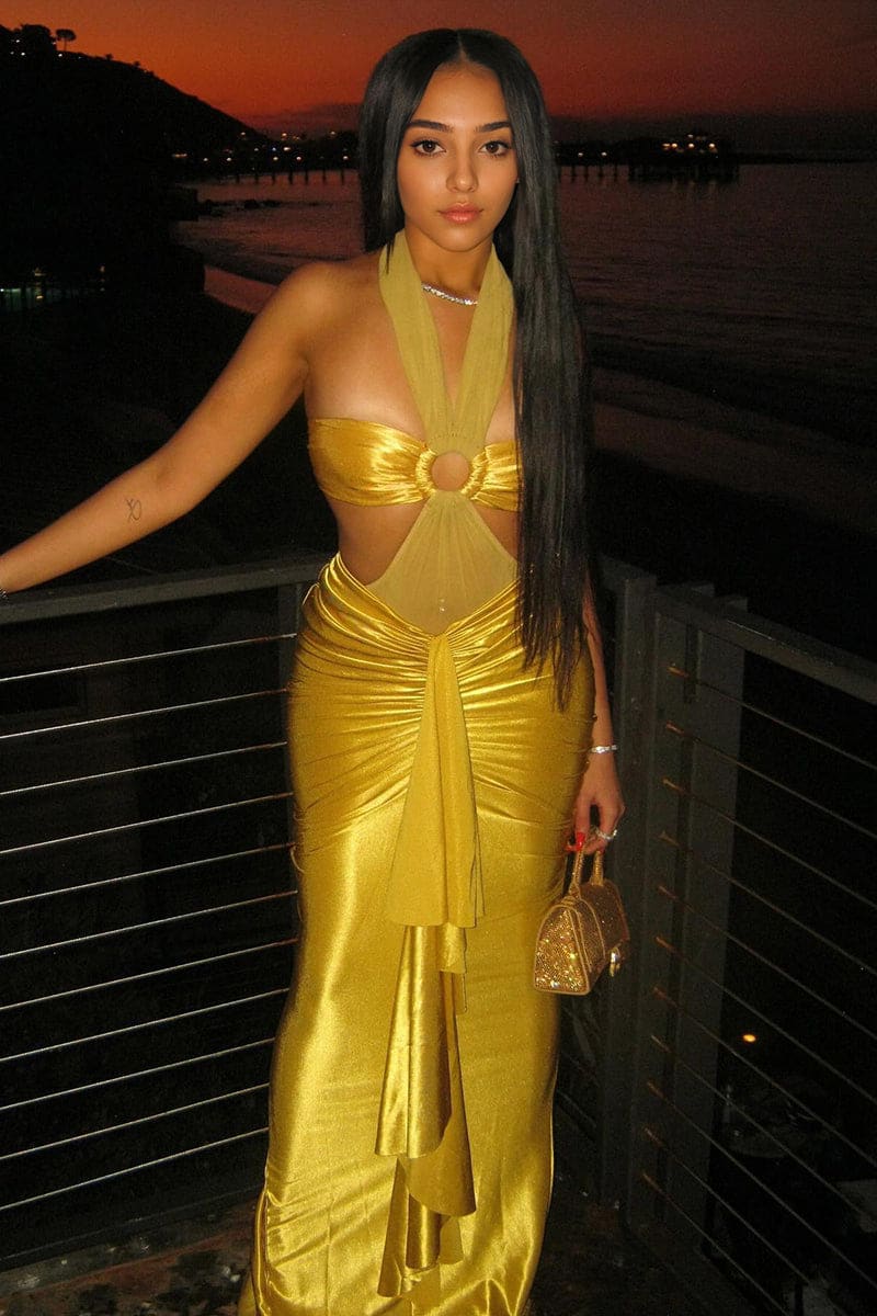 Metallic Gold Cutout Halter Maxi Dress IRHAZ Metallic Gold Cutout Halter Maxi Dress IRHAZ