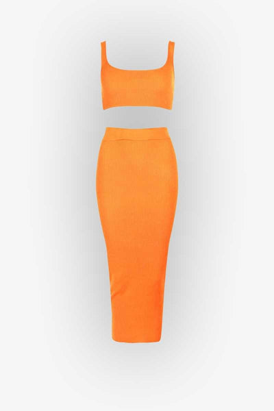 Neon Orange Ribbed Maxi Two Piece Crop Top Skirt Set IRHAZ Neon Orange Ribbed Maxi Two Piece Crop Top Skirt Set IRHAZ