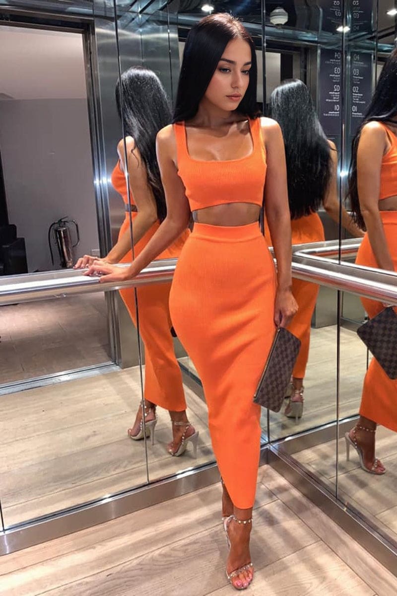 orange two piece dress Orange Two-piece Gown Beaded Evening Gown Birthday Outfit Dress YW260233 8 / T154