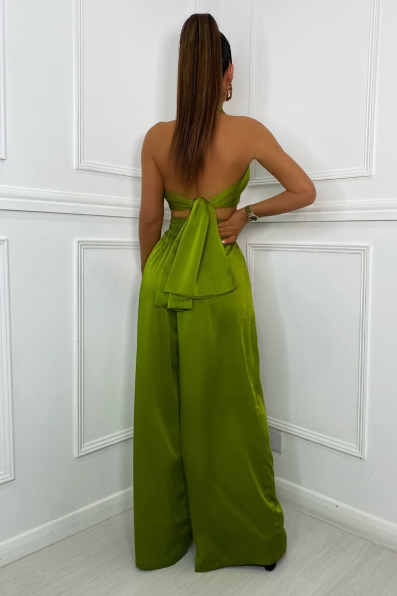 Olive Green Halter Wrap Top And Palazzo Satin Pants Set L / Olive Olive Green Halter Wrap Top And Palazzo Satin Pants Set L / Olive