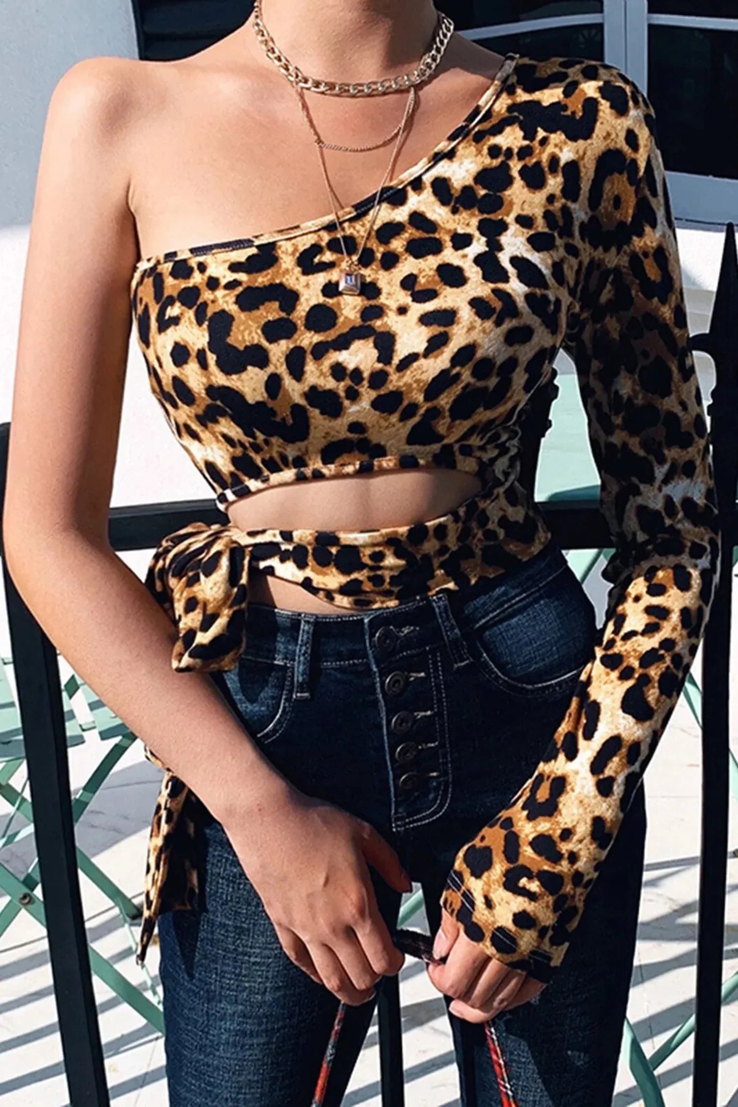 One Shoulder Leopard Print Crop Top Shirts & Tops