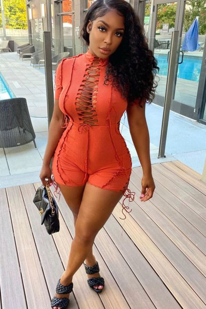 Orange Lace Up Short Sleeve Contrast Stitch Bodycon Romper IRHAZ