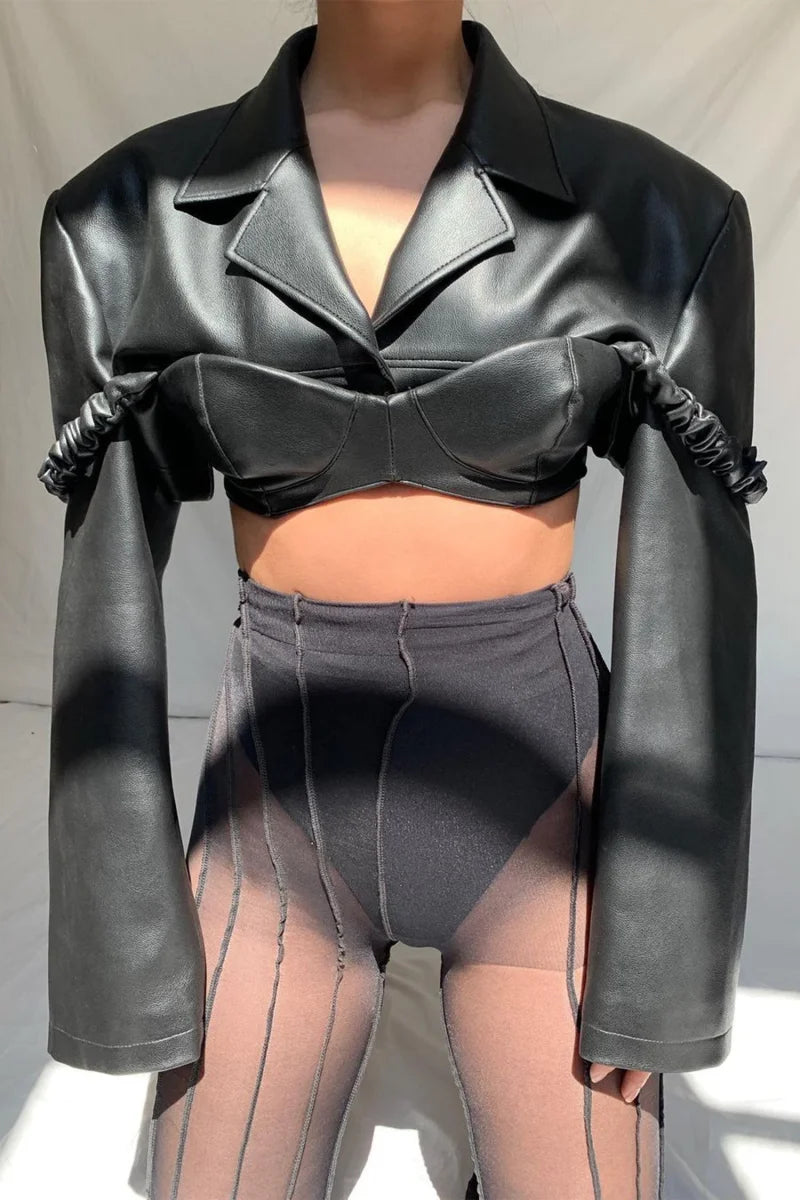 Black Leather Cropped Jacket With Bra Coats & Jackets