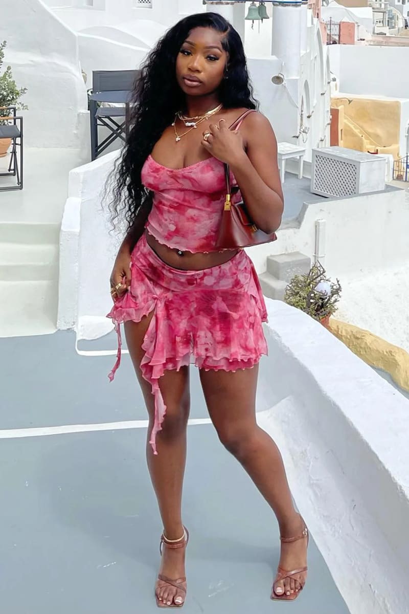 Pink Tie-Dye Crop Top And Ruffle Skirt Two Piece Set