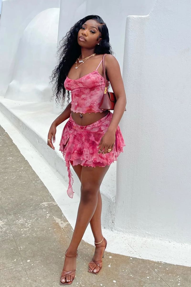 Pink Tie Dye Crop Top and Ruffle Skirt Two Piece Set IRHAZ