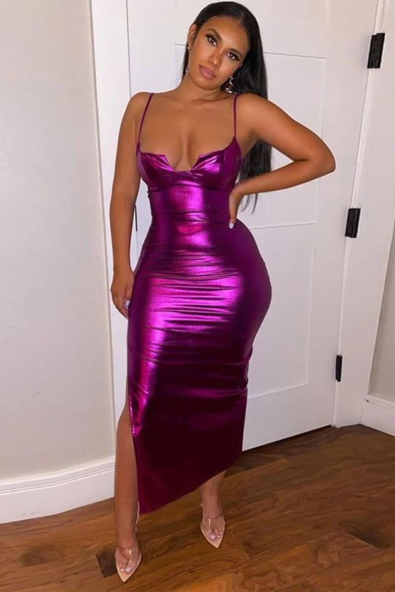 Purple Metallic Side Split Midi Dress – IRHAZ Purple Metallic Side Split Midi Dress – IRHAZ