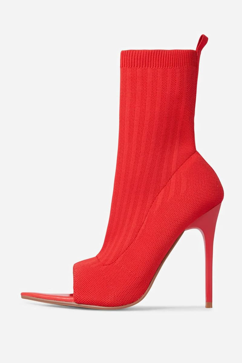 Red Pointed Peep Toe Stiletto Heels Ankle Sock Boots