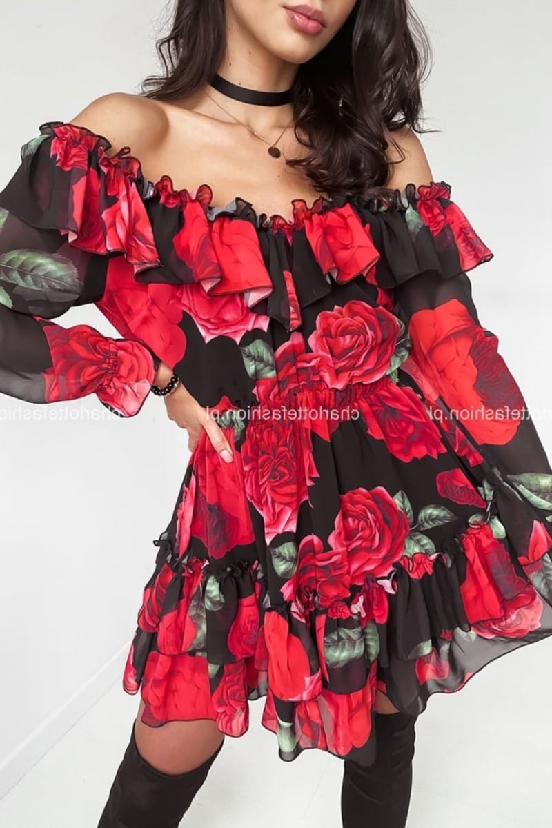 Red Roses Ruffle Off Shoulder Long Sleeve Dress IRHAZ Red Roses Ruffle Off Shoulder Long Sleeve Dress IRHAZ