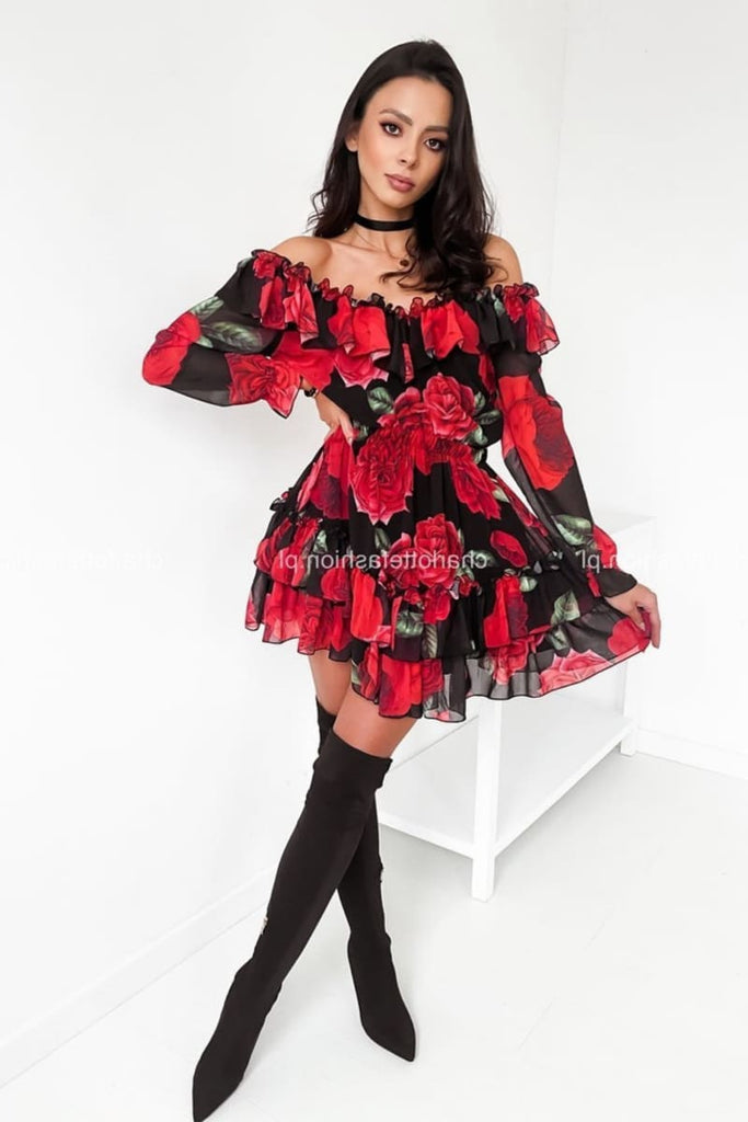 Red Roses Ruffle Off Shoulder Long Sleeve Dress – IRHAZ