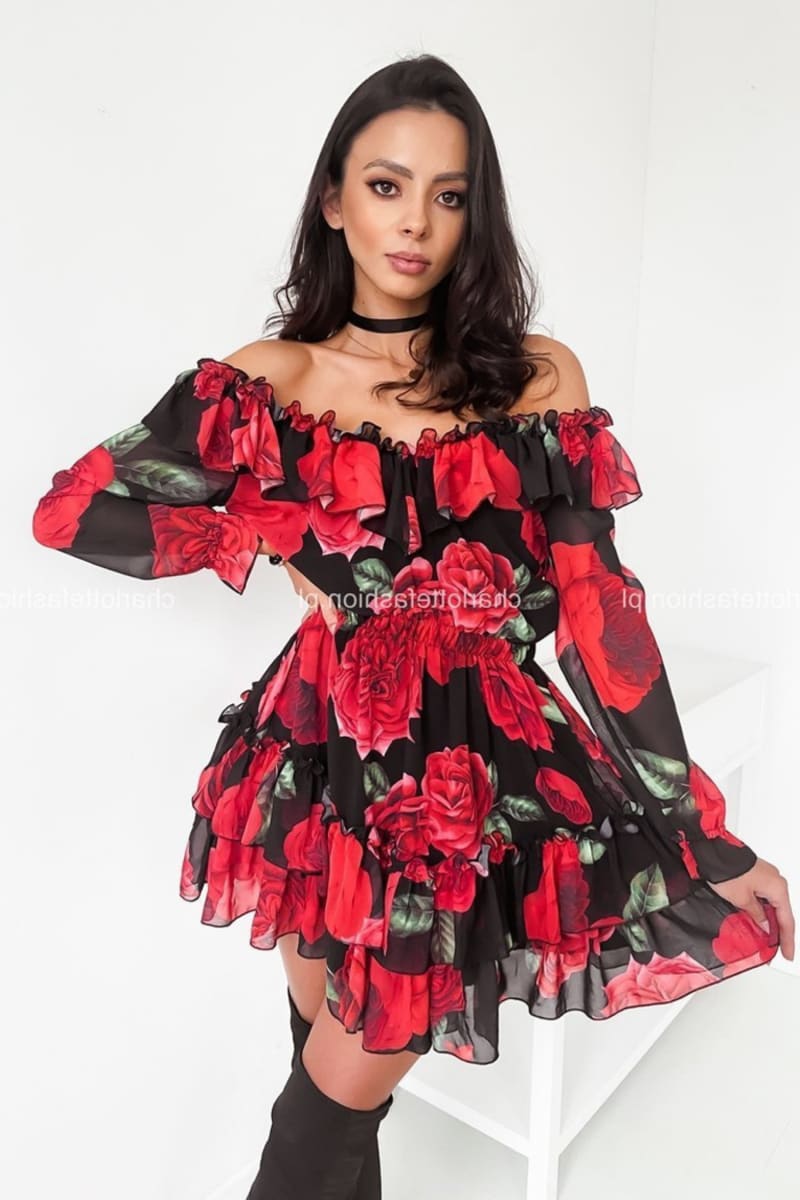Red Roses Ruffle Off Shoulder Long Sleeve Dress IRHAZ Red Roses Ruffle Off Shoulder Long Sleeve Dress IRHAZ