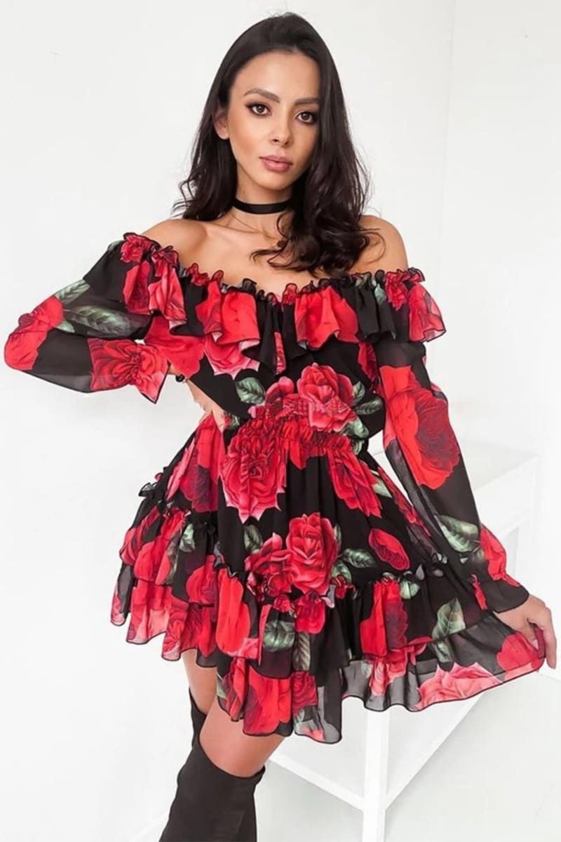Red Roses Ruffle Off Shoulder Long Sleeve Dress – IRHAZ