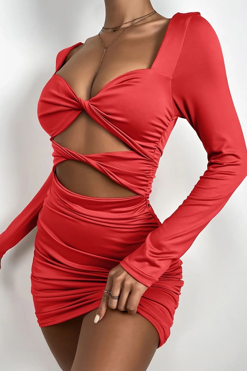 Red Ruched Long Sleeve Tie Front Cut Out Mini Dress – IRHAZ