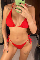 Red Triangle String Smocked Bikini