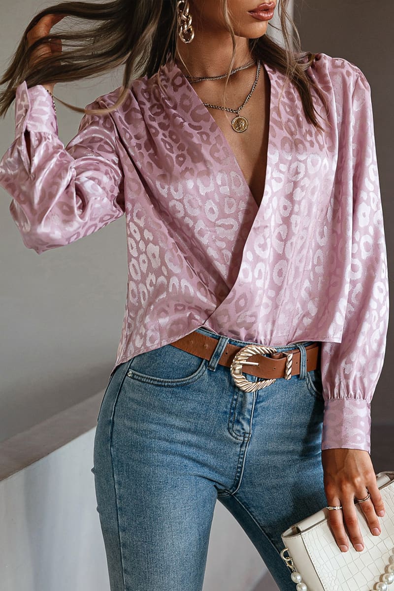 Rose Gold Leopard Print Satin Wrap Crop Blouse Shirts & Tops