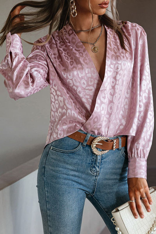Rose Gold Leopard Print Satin Wrap Crop Blouse Shirts & Tops