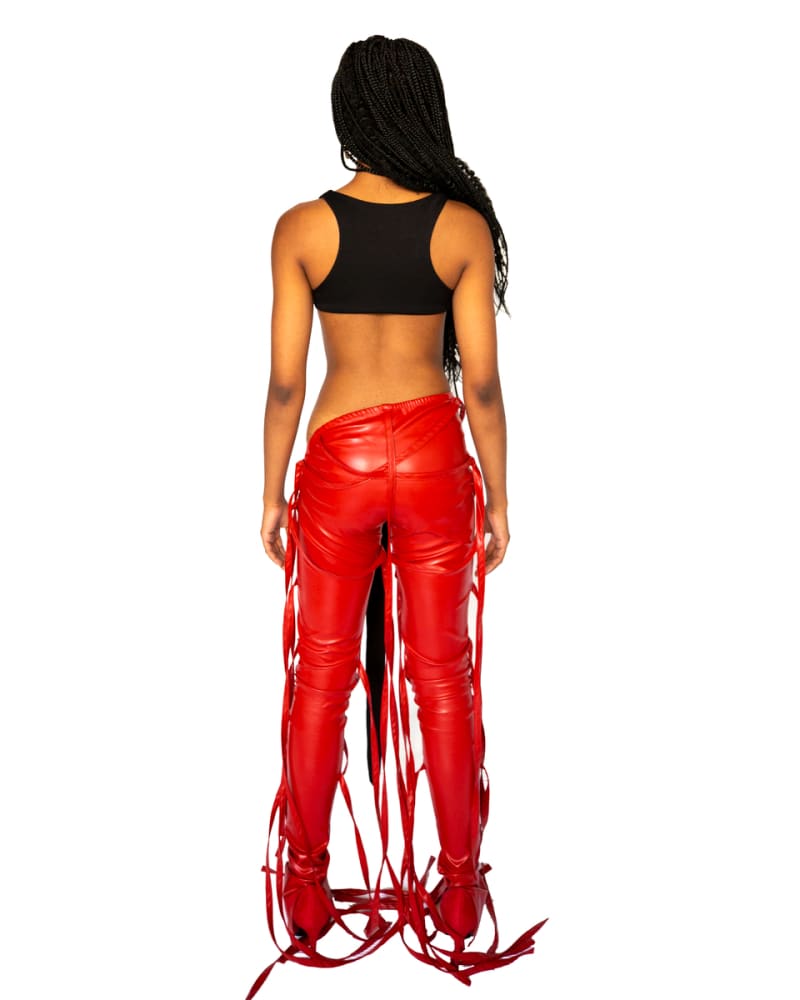 Strappy Red Faux Leather Flare Ankle Stack Pant