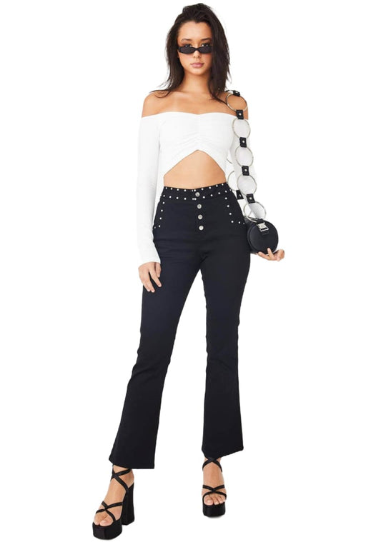 Sweetheart Off Shoulder Ribbed White Long Sleeve Women Crop Top Crop Top