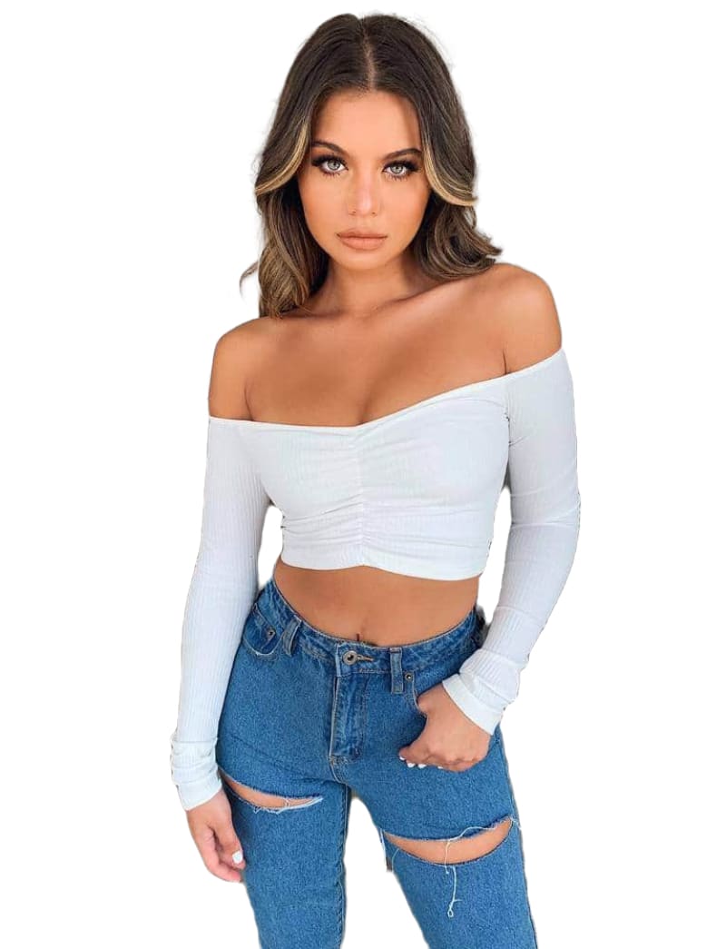 Sweetheart Off Shoulder Ribbed White Long Sleeve Women Crop Top Crop Top