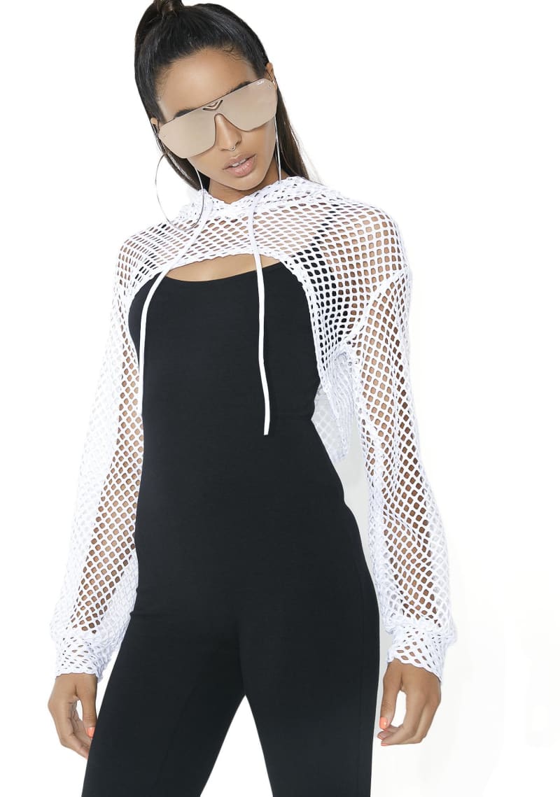 crop hoodie and fish net White Fishnet Long Sleeve Shrug Hooded Crop Top