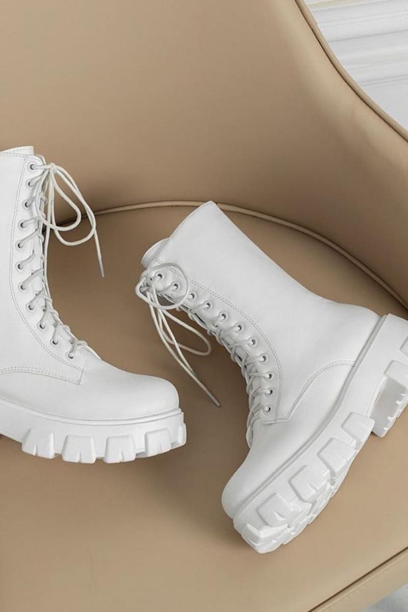 White Lace Up Mid Calf Boots Shoes