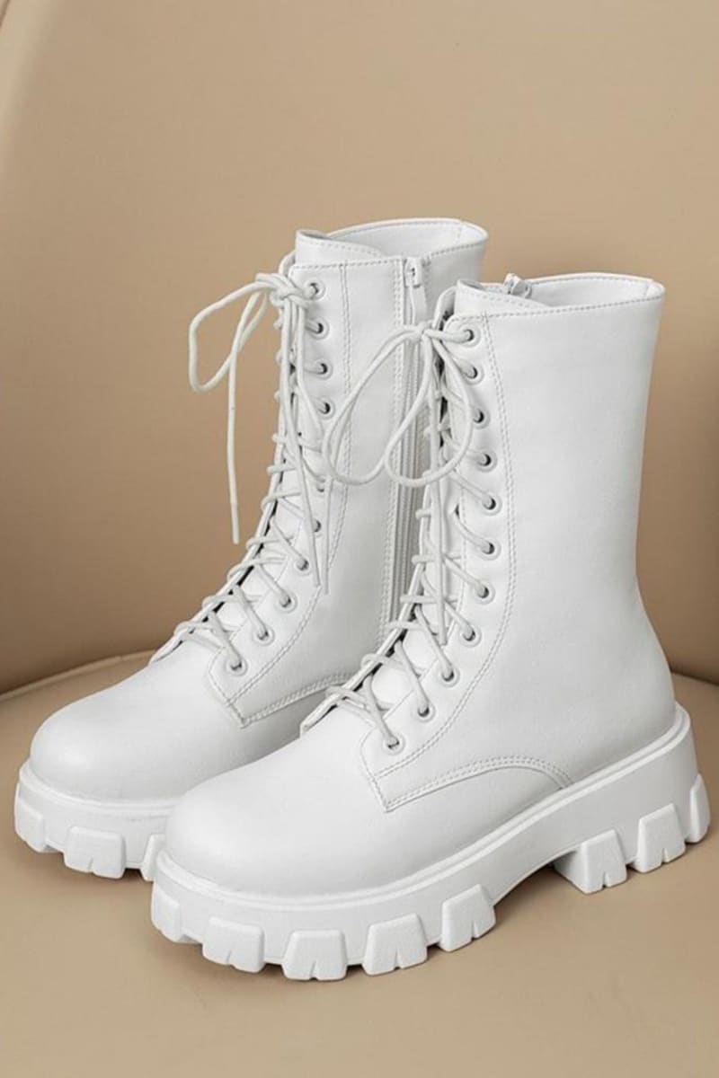 White Lace Up Mid Calf Boots Shoes